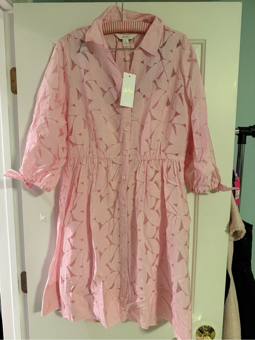Light Pink Button-Front Shirt Dress with Subtle Leaf Print Amrita floral faille